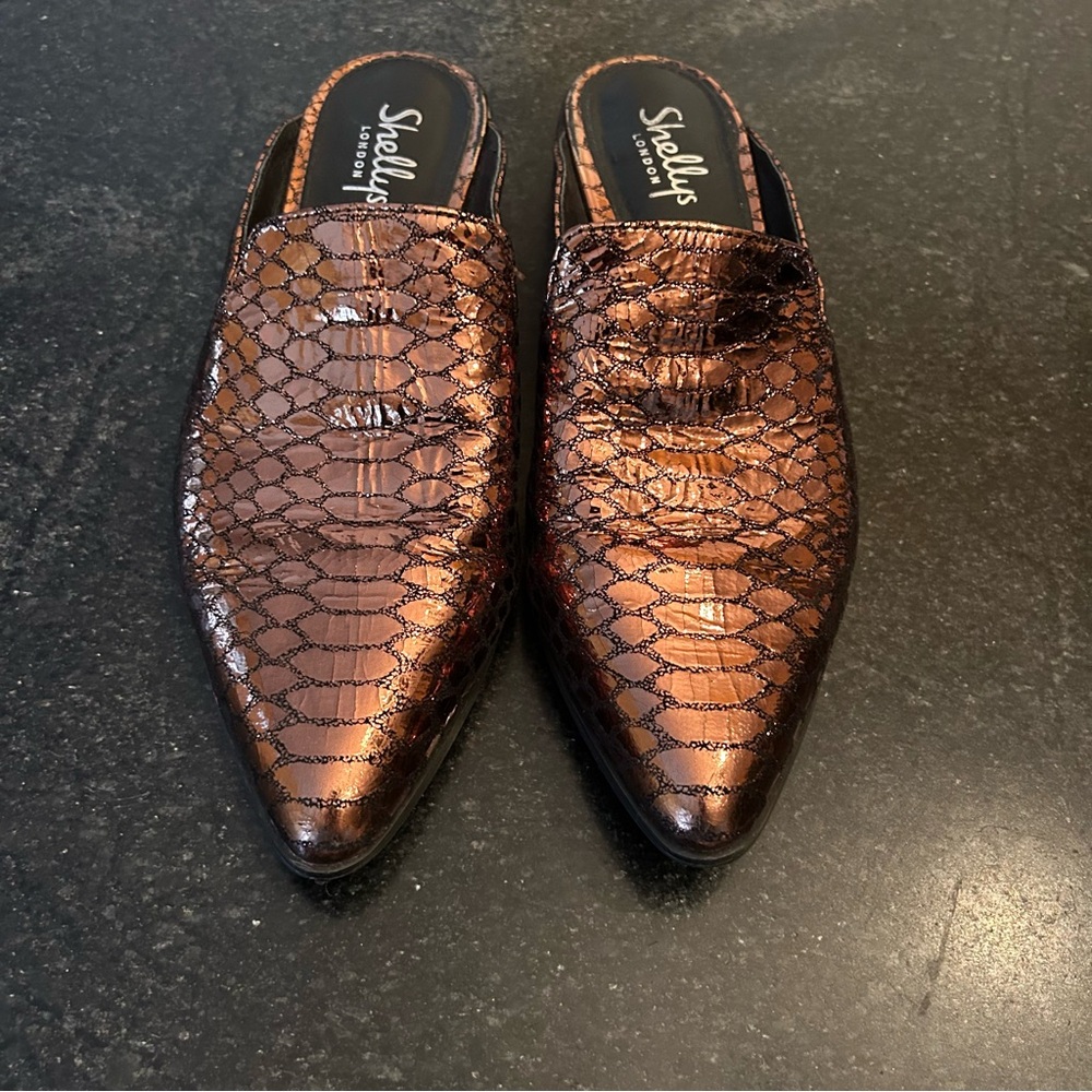 Shellys London Shiny Cooper Snakeskin Mules - Size 8